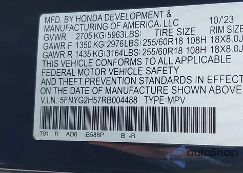 2024 Honda Pilot Ex-L 7 Passenger z USA, uszkodzony, nr VIN 5FNYG2H57RB004488